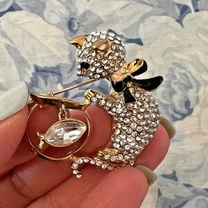 Fashion Jewelry Rhinestone cute Cat with Fish Bowl Stone Pin brooch metal bow